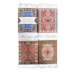 Arabian Carpet Coaster. Sturdy Brighly Coloured Printed Fabric. Size 8 x 9cm (set of 4 Coasters)